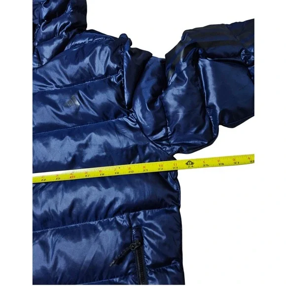 Adidas Itavic 3-Stripes Mens L Blue Hooded Puffer Jacket Full Zip Winter Coat